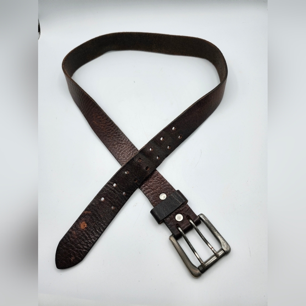Vintage Worn Dark Brown Leather Belt Nicly Worn Dbl Prong